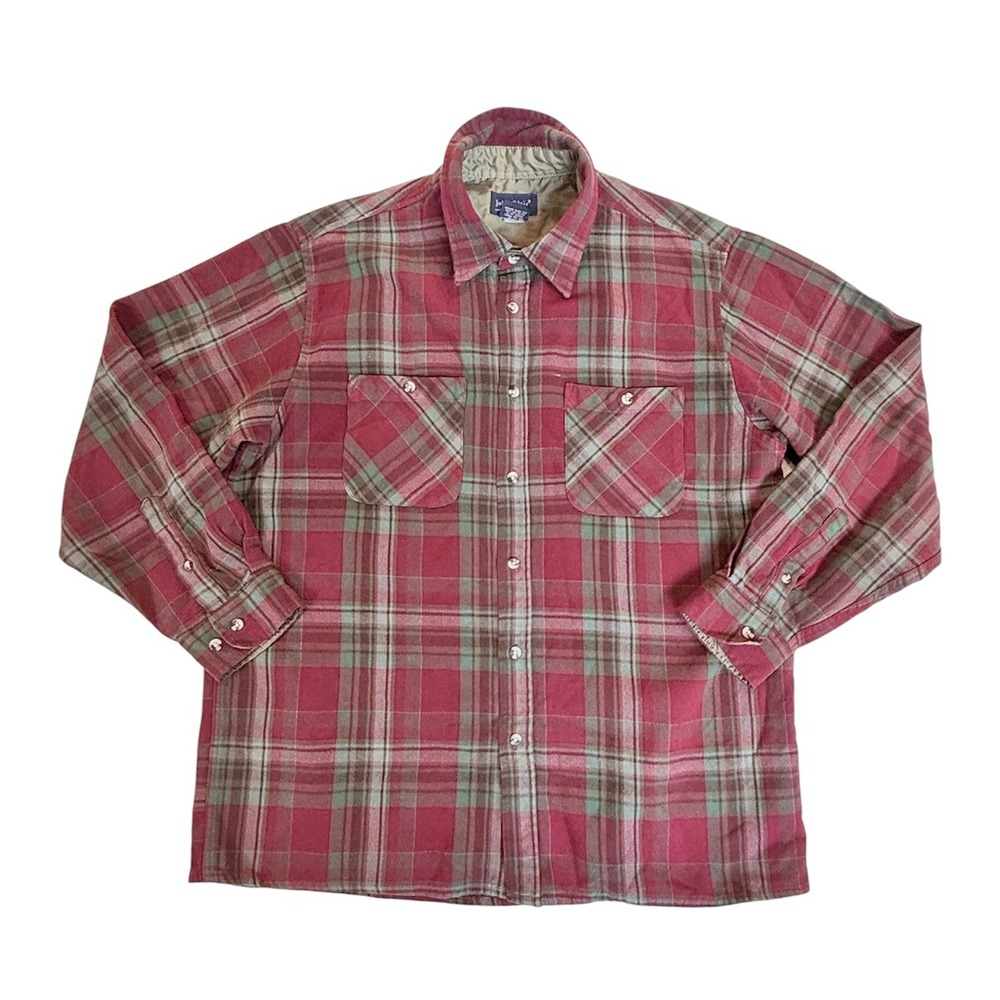 John Blair Plaid Button Down Mens Large Red Acrylic Flannel Lined Shirt RN 58217